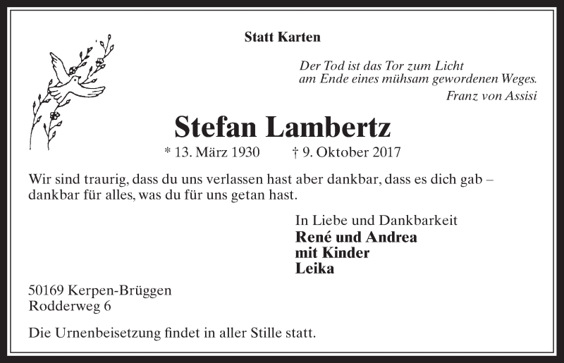  Traueranzeige für Stefan Lambertz vom 18.10.2017 aus  Werbepost 