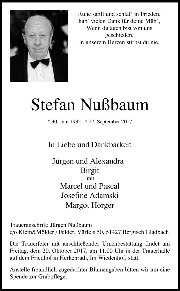  Traueranzeige für Stefan Nußbaum vom 14.10.2017 aus Kölner Stadt-Anzeiger / Kölnische Rundschau / Express