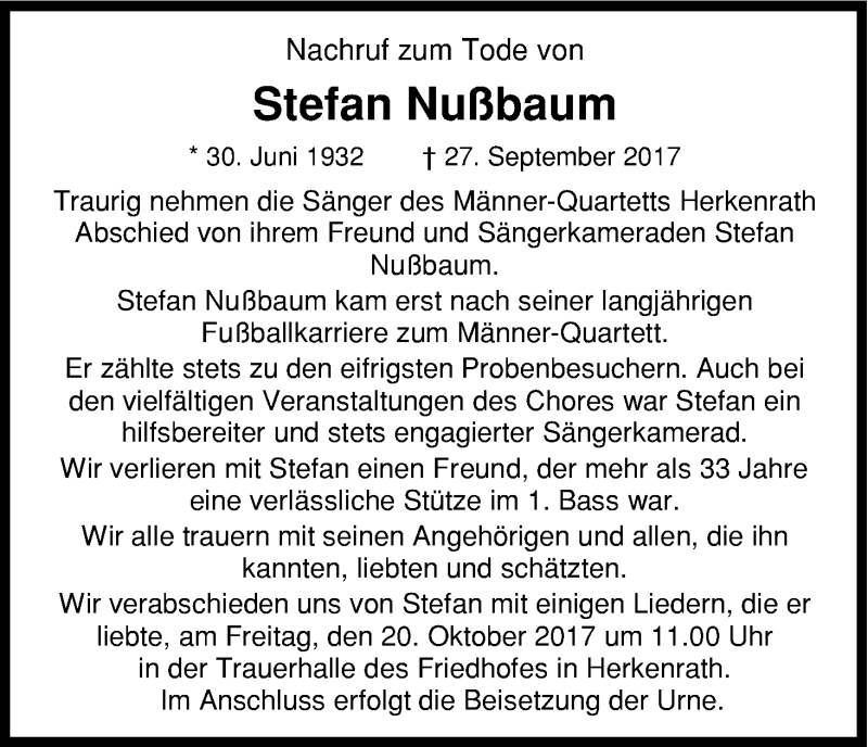  Traueranzeige für Stefan Nußbaum vom 14.10.2017 aus Kölner Stadt-Anzeiger / Kölnische Rundschau / Express