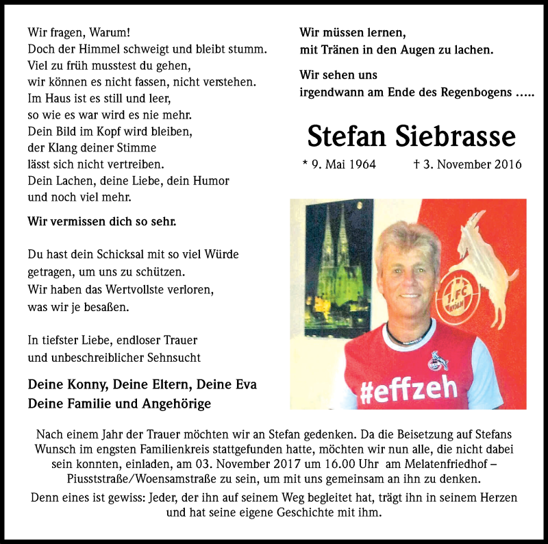  Traueranzeige für Stefan Siebrasse vom 21.10.2017 aus Kölner Stadt-Anzeiger / Kölnische Rundschau / Express
