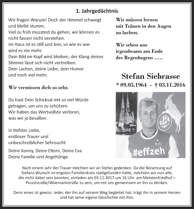  Traueranzeige für Stefan Siebrasse vom 25.10.2017 aus  Werbepost 