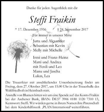 Anzeige von Steffi Fraikin von Kölner Stadt-Anzeiger / Kölnische Rundschau / Express