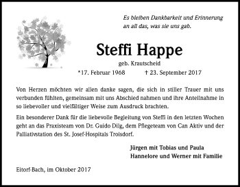 Anzeige von Steffi Happe von Kölner Stadt-Anzeiger / Kölnische Rundschau / Express