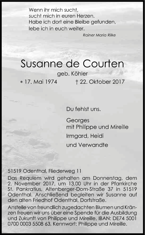  Traueranzeige für Susanne de Courten vom 26.10.2017 aus Kölner Stadt-Anzeiger / Kölnische Rundschau / Express
