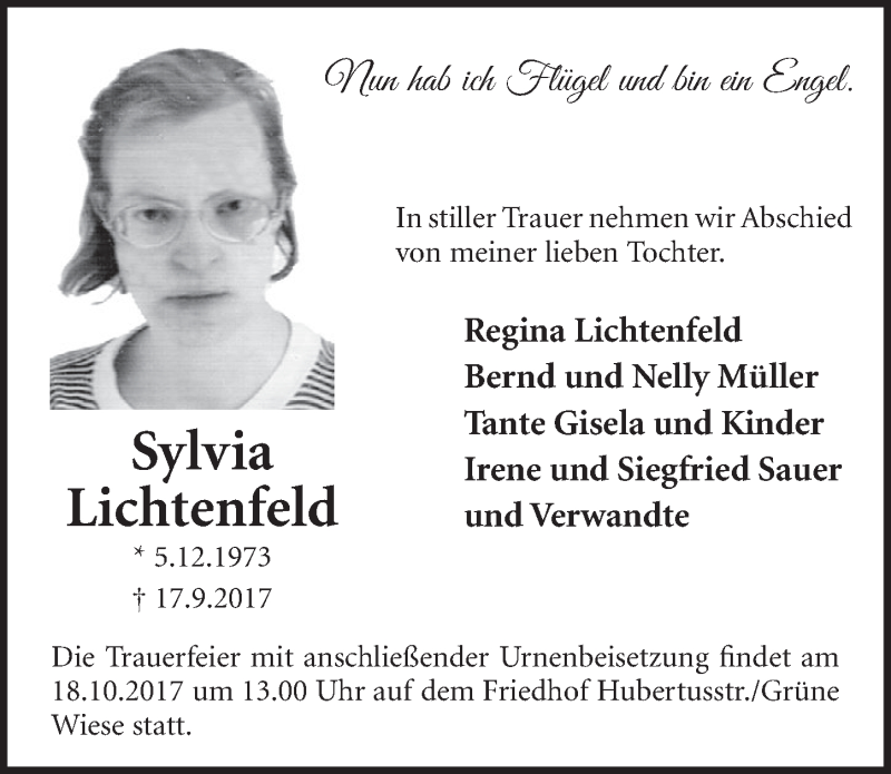 Traueranzeige für Sylvia Lichtenfeld vom 11.10.2017 aus  Schlossbote/Werbekurier 