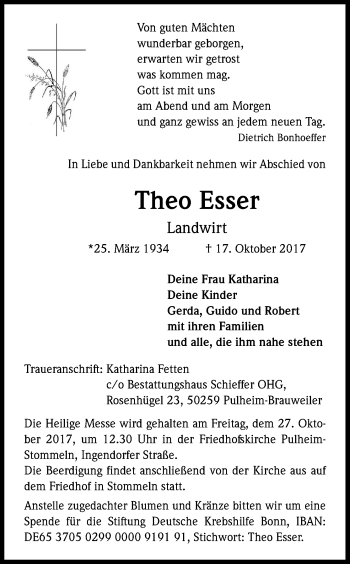 Anzeige von Theo Esser von Kölner Stadt-Anzeiger / Kölnische Rundschau / Express