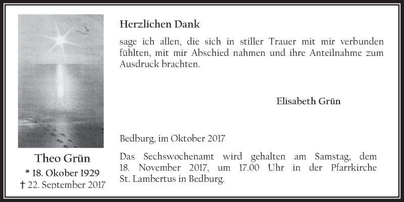  Traueranzeige für Theo Grün vom 18.10.2017 aus  Werbepost 