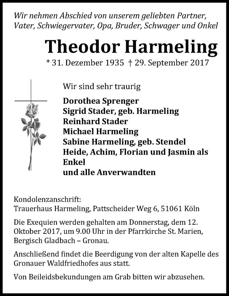  Traueranzeige für Theodor Harmeling vom 07.10.2017 aus Kölner Stadt-Anzeiger / Kölnische Rundschau / Express