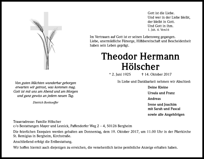  Traueranzeige für Theodor Hermann Hölscher vom 17.10.2017 aus Kölner Stadt-Anzeiger / Kölnische Rundschau / Express
