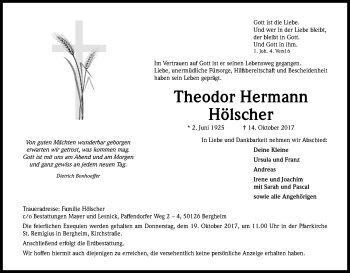 Anzeige von Theodor Hermann Hölscher von Kölner Stadt-Anzeiger / Kölnische Rundschau / Express