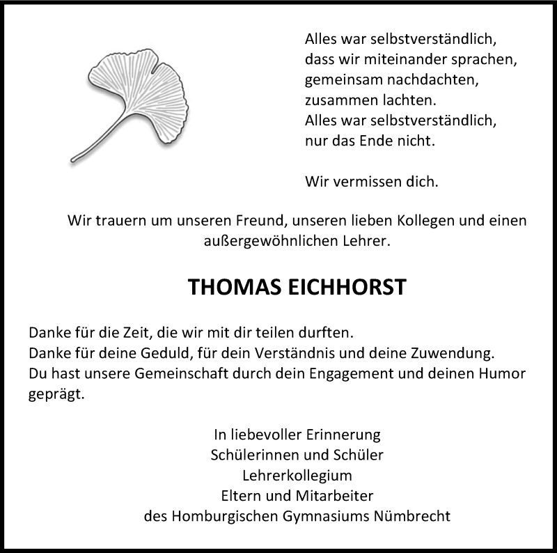  Traueranzeige für Thomas Eichhorst vom 24.10.2017 aus Kölner Stadt-Anzeiger / Kölnische Rundschau / Express