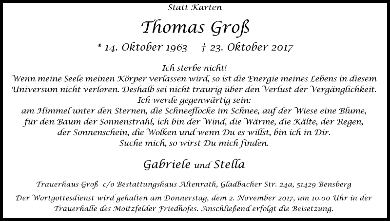  Traueranzeige für Thomas Groß vom 27.10.2017 aus Kölner Stadt-Anzeiger / Kölnische Rundschau / Express