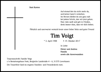Anzeige von Tim Voigt von Kölner Stadt-Anzeiger / Kölnische Rundschau / Express