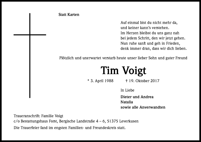  Traueranzeige für Tim Voigt vom 28.10.2017 aus Kölner Stadt-Anzeiger / Kölnische Rundschau / Express