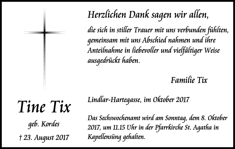  Traueranzeige für Tine Tix vom 07.10.2017 aus Kölner Stadt-Anzeiger / Kölnische Rundschau / Express