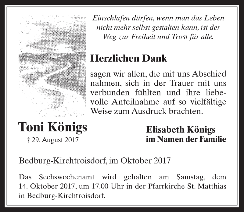  Traueranzeige für Toni Königs vom 11.10.2017 aus  Werbepost 