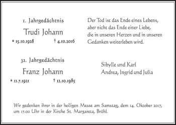 Anzeige von Trudi und Franz Johann von  Schlossbote/Werbekurier 