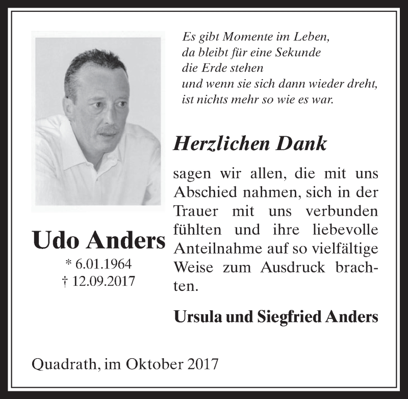  Traueranzeige für Udo Anders vom 18.10.2017 aus  Werbepost 