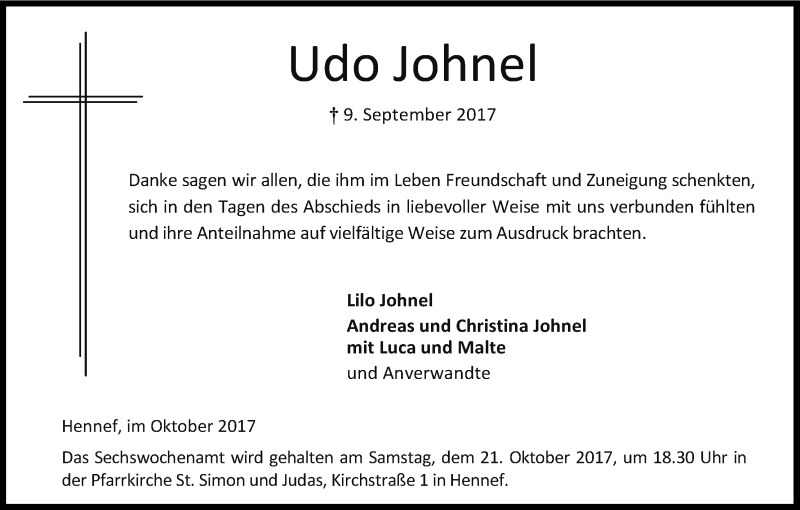  Traueranzeige für Udo Johnel vom 14.10.2017 aus Kölner Stadt-Anzeiger / Kölnische Rundschau / Express