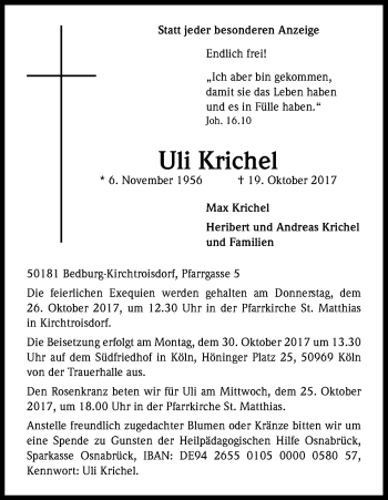 Anzeige von Uli Krichel von Kölner Stadt-Anzeiger / Kölnische Rundschau / Express