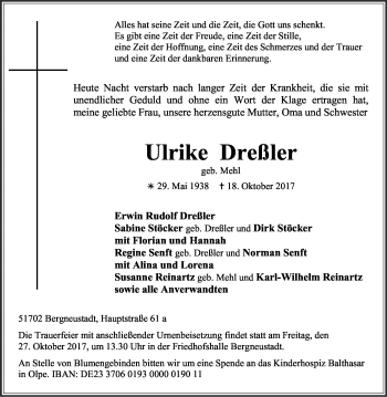 Anzeige von Ulrike Dreßler von Kölner Stadt-Anzeiger / Kölnische Rundschau / Express