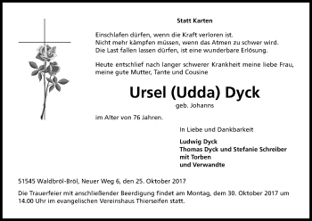 Anzeige von Ursel  Dyck von Kölner Stadt-Anzeiger / Kölnische Rundschau / Express