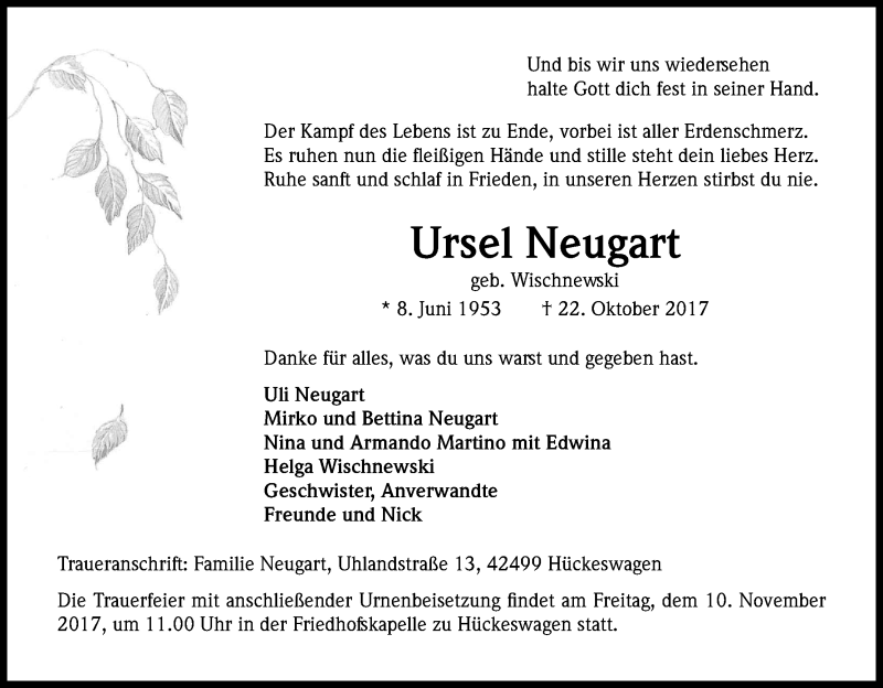  Traueranzeige für Ursel Neugart vom 28.10.2017 aus Kölner Stadt-Anzeiger / Kölnische Rundschau / Express