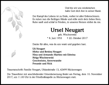 Anzeige von Ursel Neugart von Kölner Stadt-Anzeiger / Kölnische Rundschau / Express
