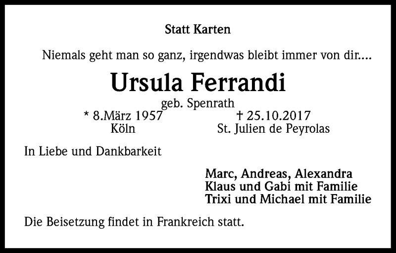  Traueranzeige für Ursula Ferrandi vom 28.10.2017 aus Kölner Stadt-Anzeiger / Kölnische Rundschau / Express