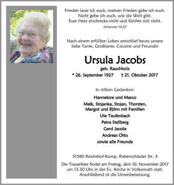 Anzeige von Ursula Jacobs von Kölner Stadt-Anzeiger / Kölnische Rundschau / Express