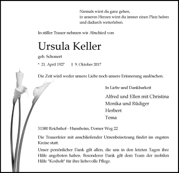 Anzeige von Ursula Keller von  Anzeigen Echo 