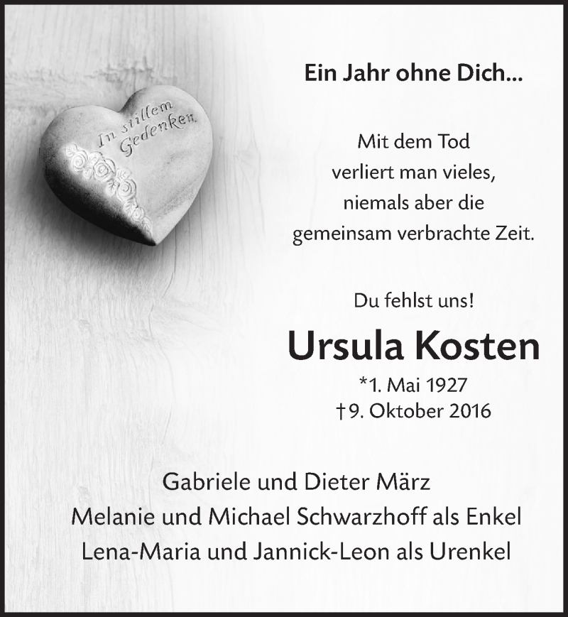  Traueranzeige für Ursula Kosten vom 07.10.2017 aus  Leverkusener Wochenende 