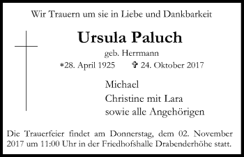 Anzeige von Ursula Paluch von Kölner Stadt-Anzeiger / Kölnische Rundschau / Express