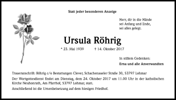 Anzeige von Ursula Röhrig von Kölner Stadt-Anzeiger / Kölnische Rundschau / Express