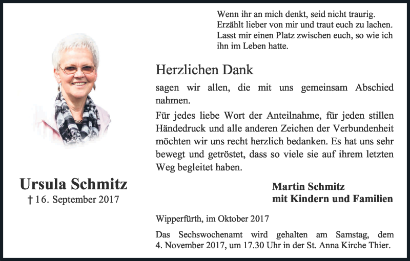  Traueranzeige für Ursula Schmitz vom 28.10.2017 aus Kölner Stadt-Anzeiger / Kölnische Rundschau / Express