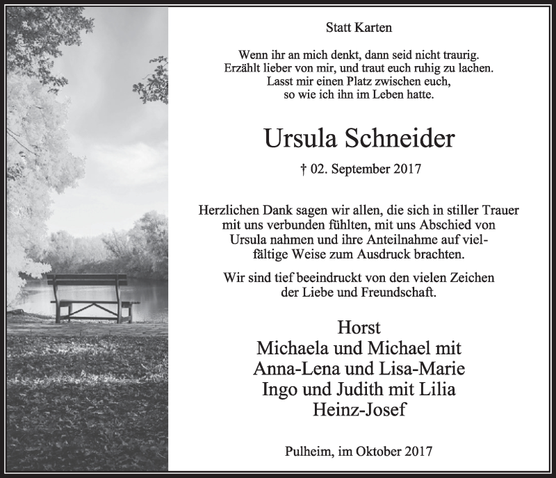  Traueranzeige für Ursula Schneider vom 14.10.2017 aus  Sonntags-Post 