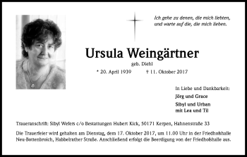 Anzeige von Ursula Weingärtner von Kölner Stadt-Anzeiger / Kölnische Rundschau / Express