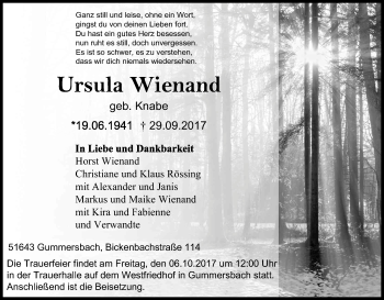 Anzeige von Ursula Wienand von Kölner Stadt-Anzeiger / Kölnische Rundschau / Express