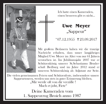 Anzeige von Uwe Meyer von  Sonntags-Post 