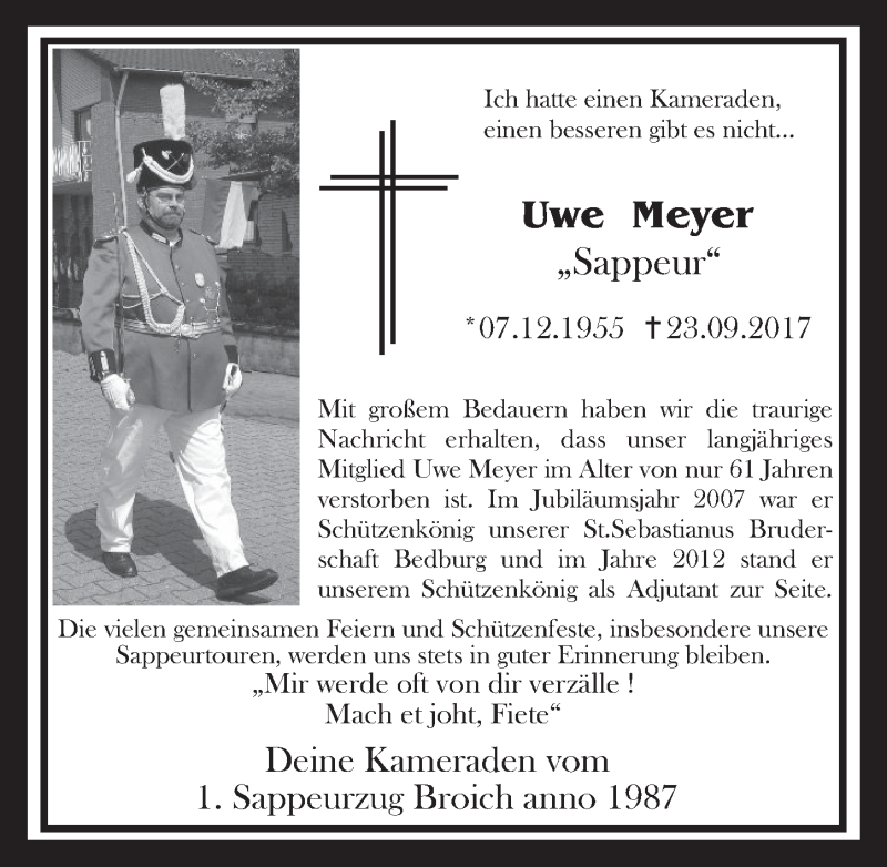  Traueranzeige für Uwe Meyer vom 07.10.2017 aus  Sonntags-Post 