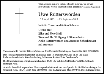 Anzeige von Uwe Rütterswörden von Kölner Stadt-Anzeiger / Kölnische Rundschau / Express