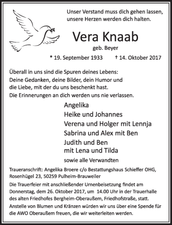 Anzeige von Vera Knaab von  Sonntags-Post 