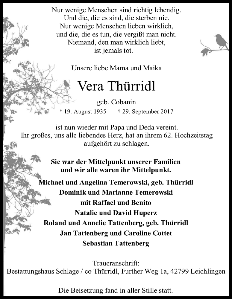  Traueranzeige für Vera Thürridl vom 07.10.2017 aus Kölner Stadt-Anzeiger / Kölnische Rundschau / Express