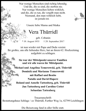 Anzeige von Vera Thürridl von Kölner Stadt-Anzeiger / Kölnische Rundschau / Express