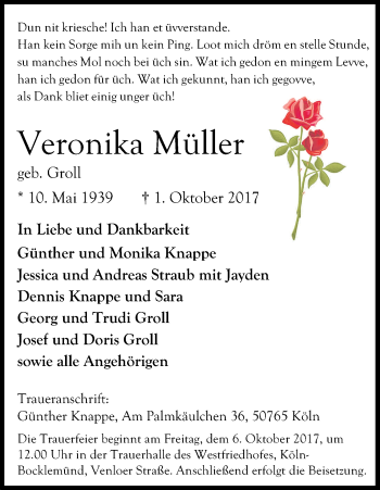 Anzeige von Veronika Müller von Kölner Stadt-Anzeiger / Kölnische Rundschau / Express