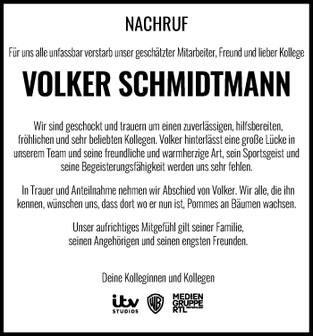Anzeige von Volker Schmidtmann von Kölner Stadt-Anzeiger / Kölnische Rundschau / Express
