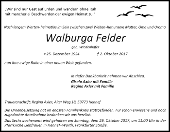 Anzeige von Walburga Felder von Kölner Stadt-Anzeiger / Kölnische Rundschau / Express