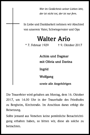 Anzeige von Walter Ario von Kölner Stadt-Anzeiger / Kölnische Rundschau / Express