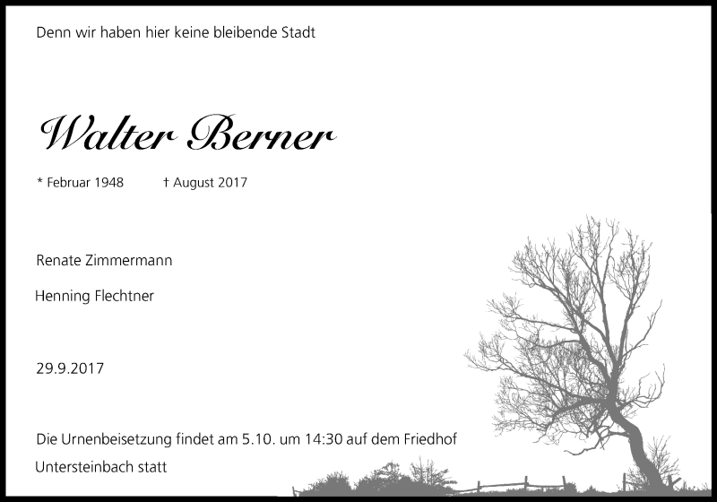  Traueranzeige für Walter Berner vom 03.10.2017 aus Kölner Stadt-Anzeiger / Kölnische Rundschau / Express