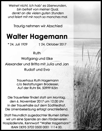 Anzeige von Walter Hagemann von Kölner Stadt-Anzeiger / Kölnische Rundschau / Express